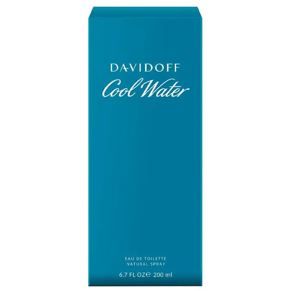 Blauwe verpakking van Davidoff Cool Water Eau de Toilette. Opschrift: Davidoff Cool Water, Eau de Toilette. Grootte: 6.7 FL OZ 200 ml.