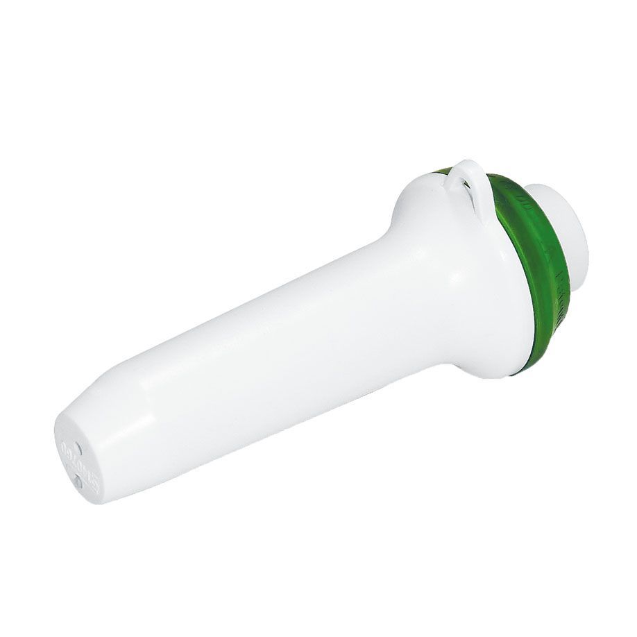 Wit, conisch apparaat met groene ring en ophanglus. Drie kleine openingen aan de punt.