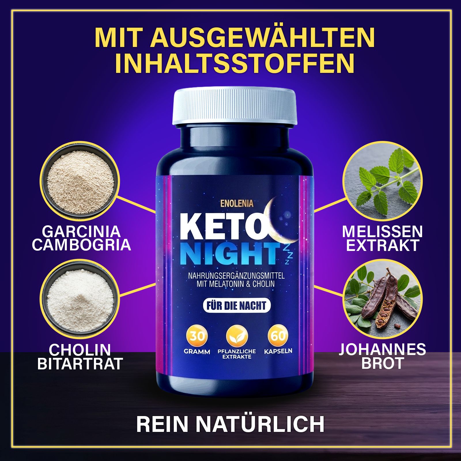 Pot Enolenia Keto Night entouré de représentations des ingrédients Garcinia Cambogia et Choline.