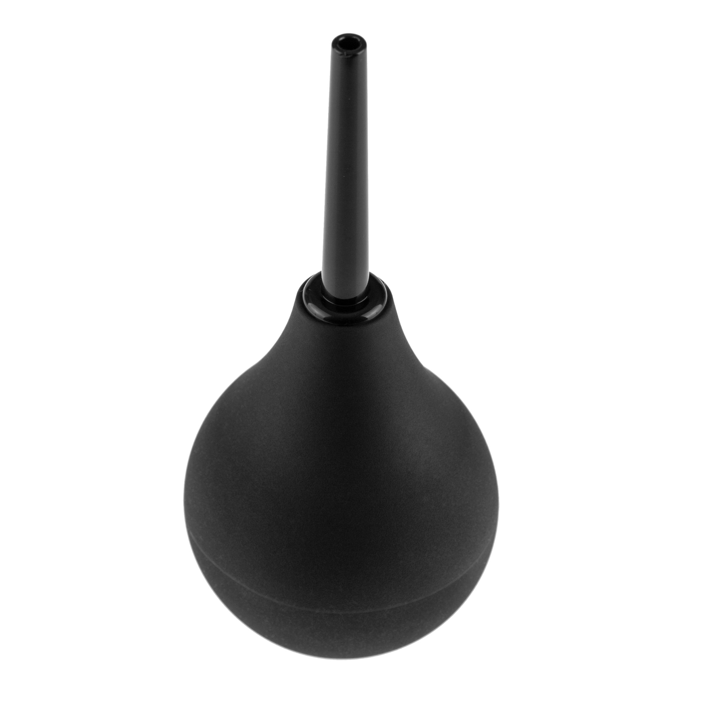 Zwarte irrigator met conische opzet. Bolvorm met glad oppervlak. De opzet is cilindrisch.