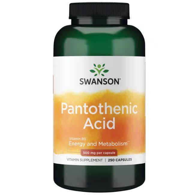 Flacon vert avec étiquette blanche. Inscription: SWANSON, Acide Pantothénique, 500 mg par capsule. Vitamine B5.