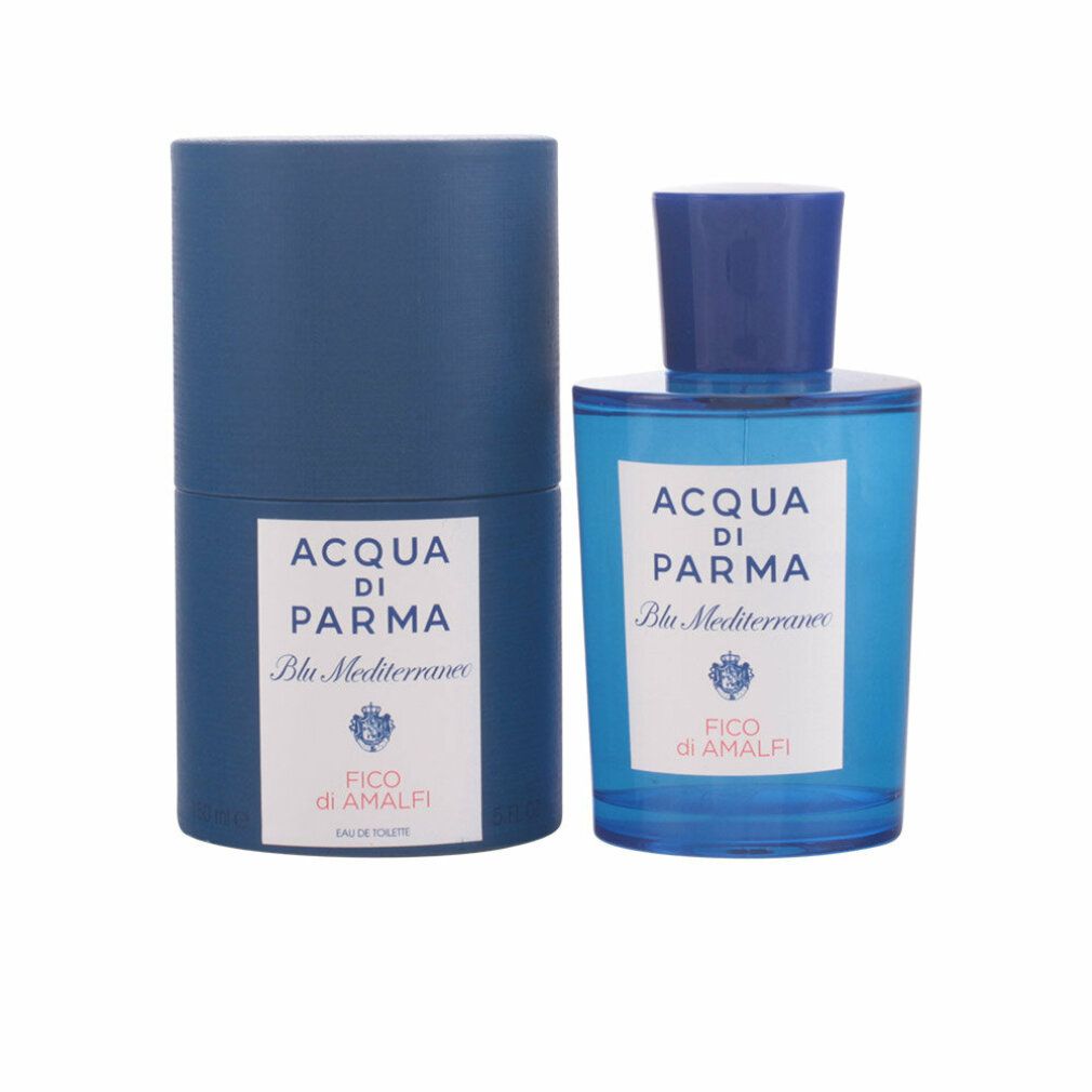 Blauw parfumflesje en cilindrische verpakking. Opschrift: Acqua Di Parma, Blu Mediterraneo, Fico Di Amalfi. Eau de Toilette.