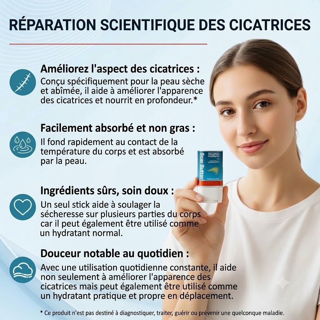 Une femme tient un stick de réparation des cicatrices. Le stick est blanc et rouge avec une étiquette bleue.
