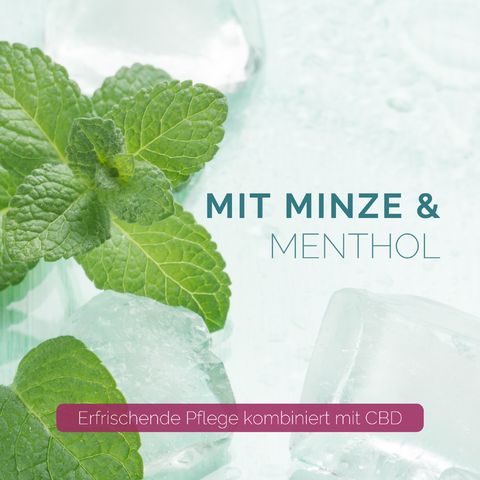 Menthe et glaçons. Texte: Avec menthe & menthol. Soin rafraîchissant avec CBD.