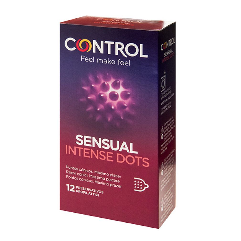 Verpakking van CONTROL SENSUAL Intense Dots. Rode doos met productnaam en afbeelding. 12 stuks.
