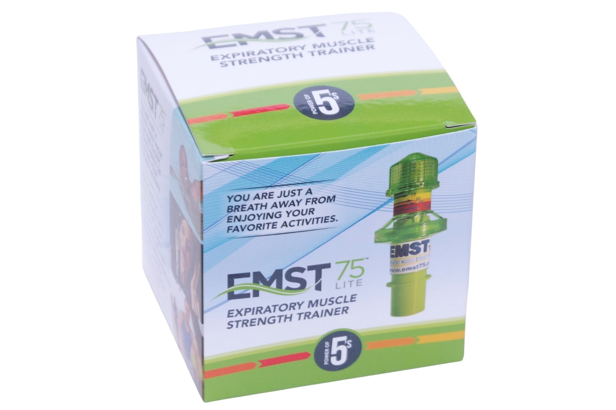 Emballage de l'entraîneur respiratoire Aspire EMST75 Lite avec image du produit et texte.