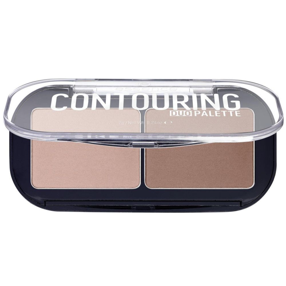 Palette de contouring à deux teintes, emballage noir avec couvercle transparent. Inscription : CONTOURING DUO PALETTE.