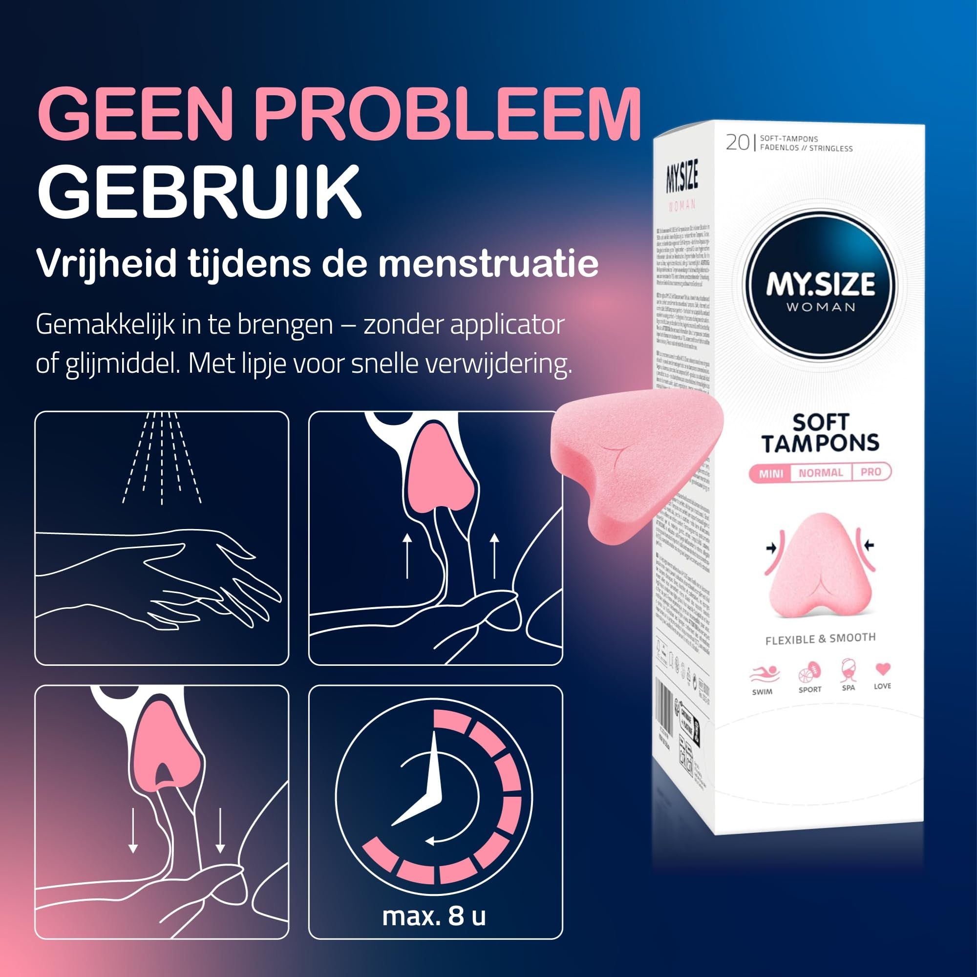 Verpakking en een roze tampon zonder applicator. Illustraties tonen gebruik en maximale draagtijd.