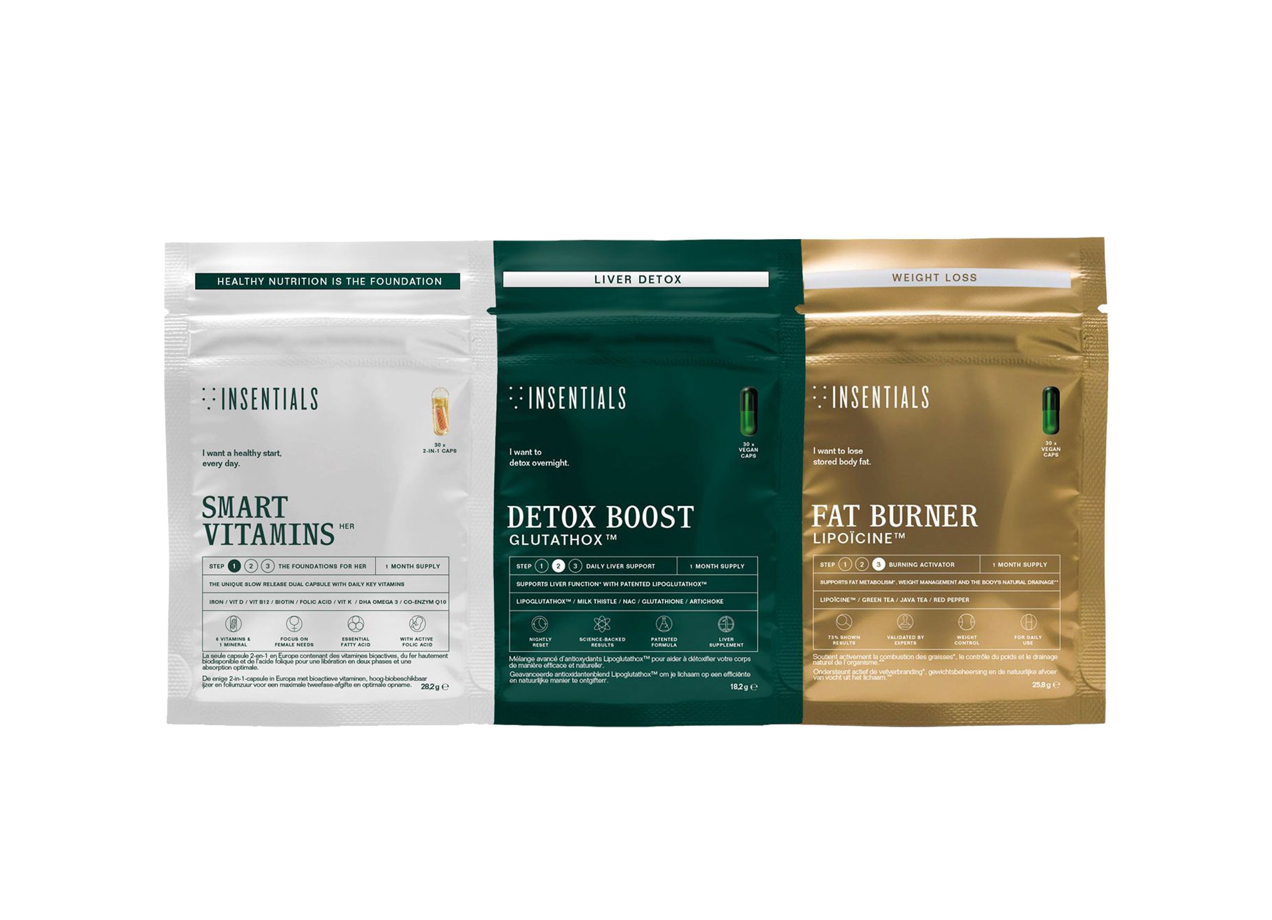 Trois sachets : Smart Vitamins, Detox Boost, Fat Burner. Texte : Insentials. Couleurs : blanc, vert, or.