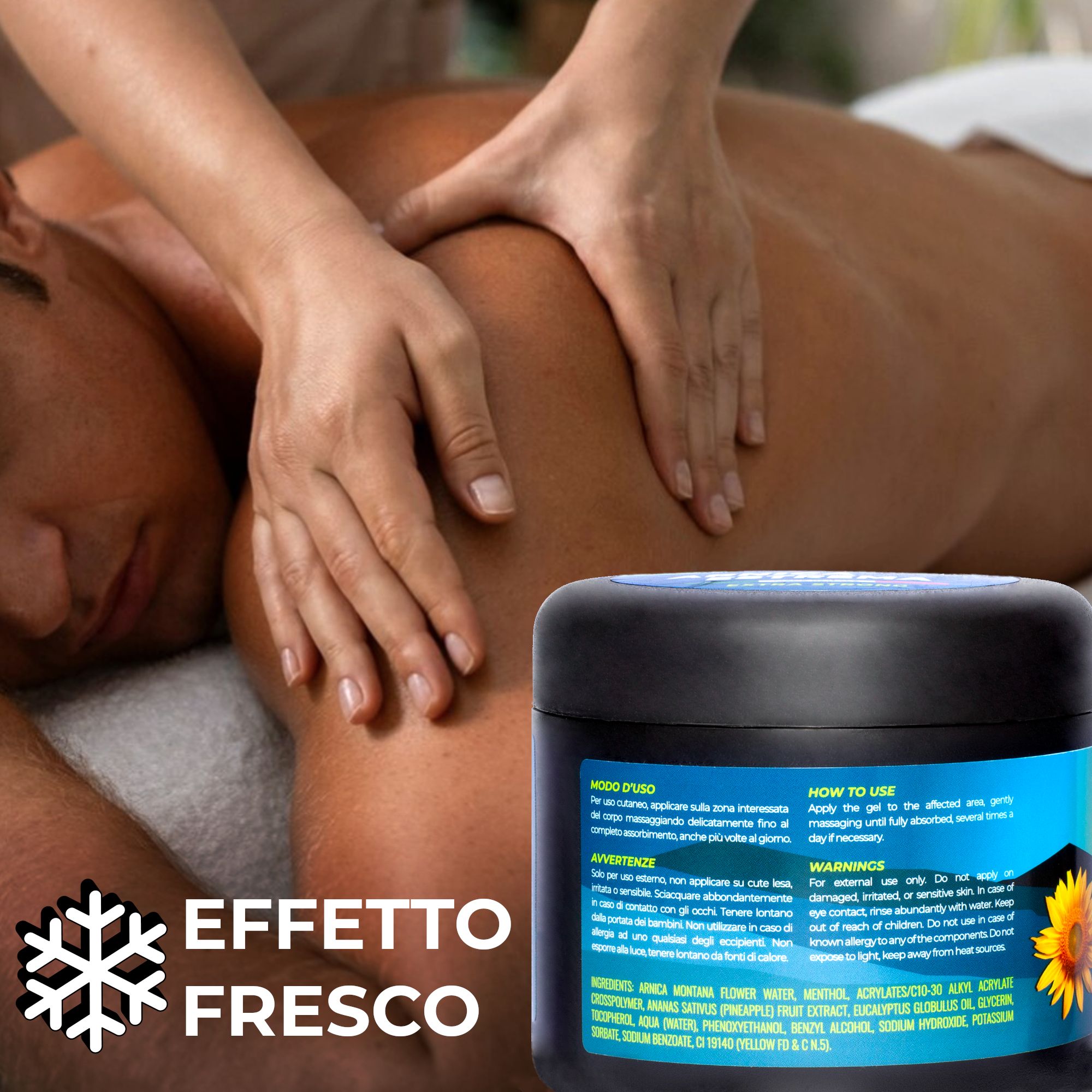 Un homme reçoit un massage du dos. Un pot d'Arnica 98% Extrema avec symbole "Effetto Fresco".