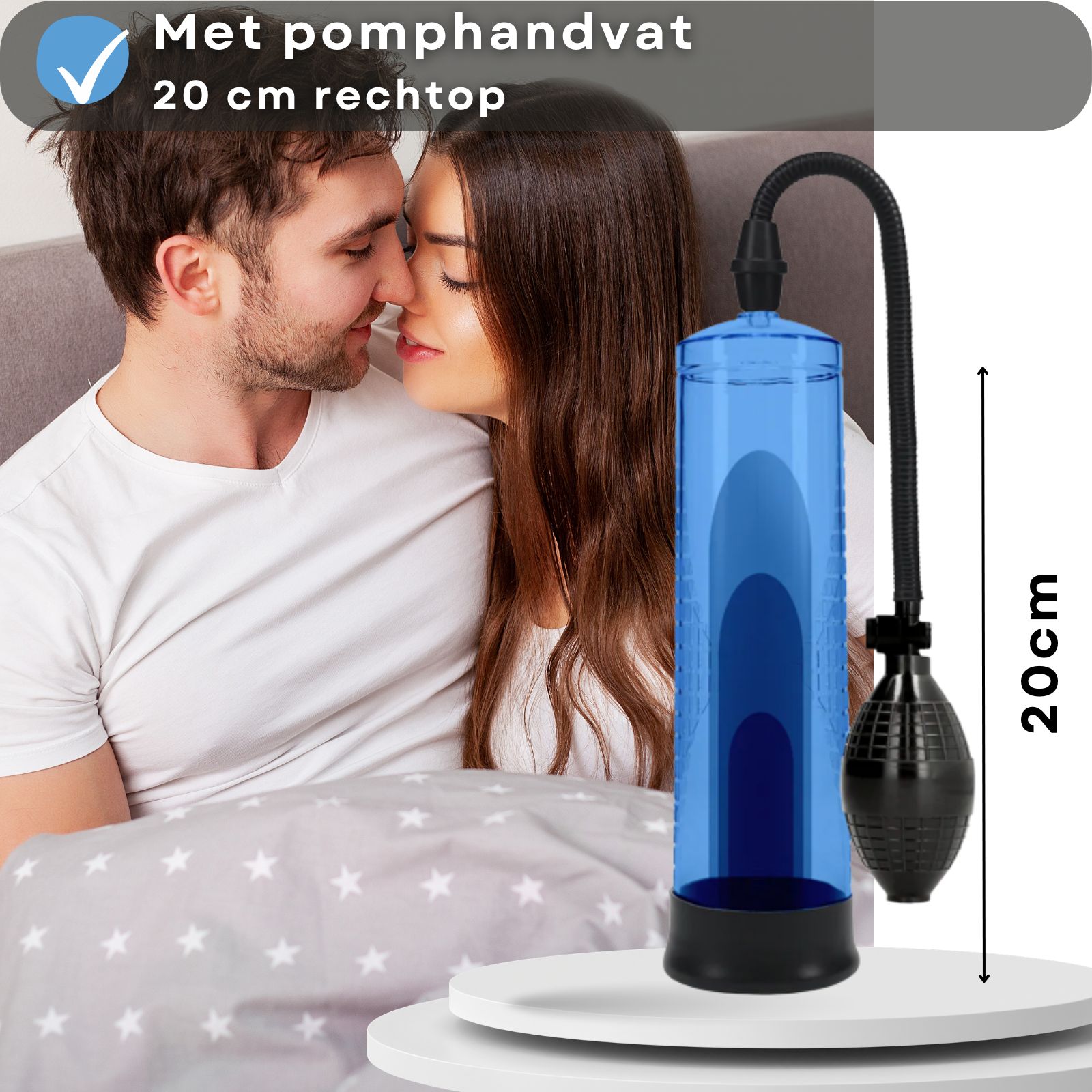 Afbeelding met tekst: Met pomphandvat, 20 cm erect. Paar in bed.