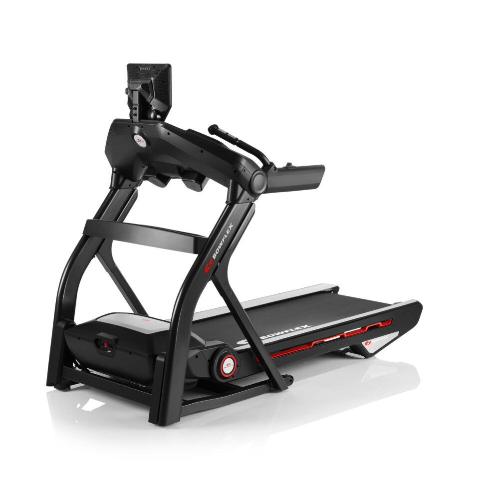 Tapis roulant T25. Design noir avec accents rouges. Console avec écran. Logo Bowflex.