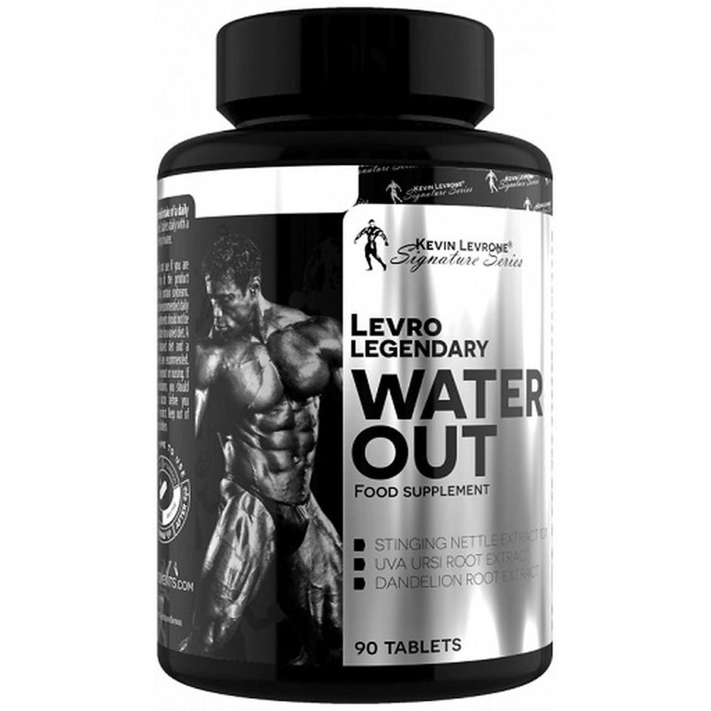 Flacon noir avec étiquette blanche. Inscription : Levro Legendary Water Out. Complément alimentaire. 90 comprimés.