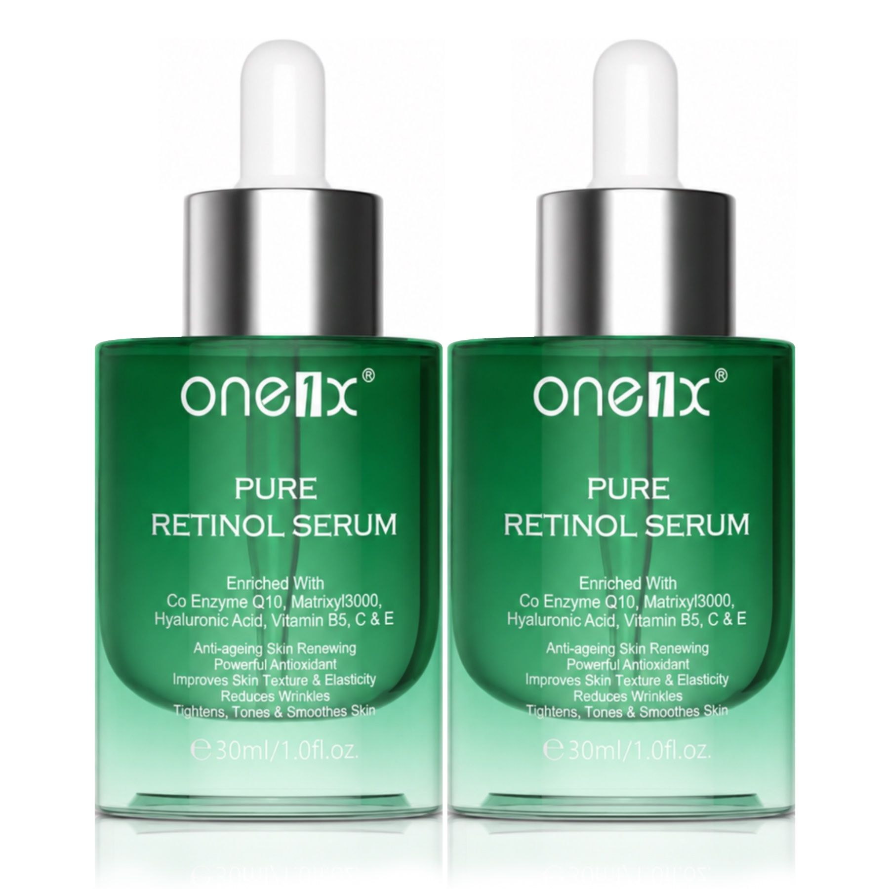 Twee groene glazen flacons met druppelaars voor "Pure Retinol Serum". Elke fles bevat 30 ml.