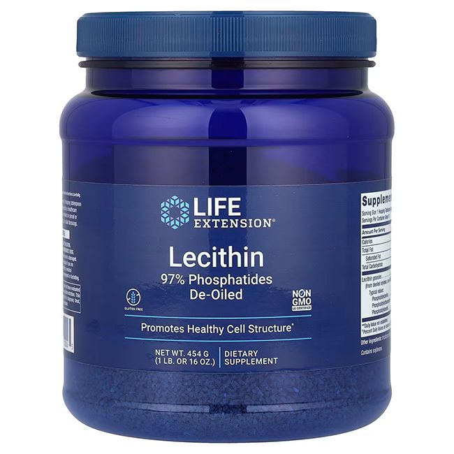 Pot bleu avec étiquette blanche. Inscription: Life Extension, Lécithine. Informations nutritionnelles. Contient du soja. Végétarien.