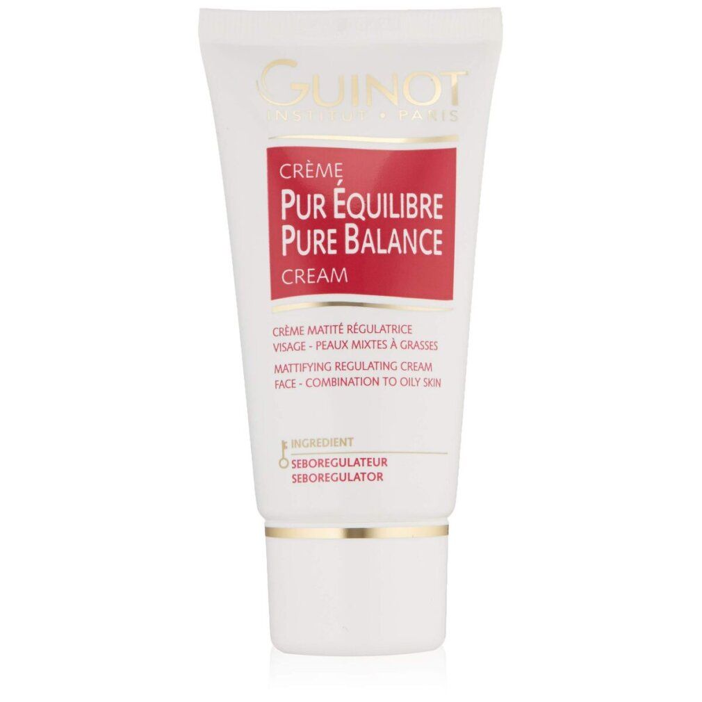Tube blanc et rouge avec nom de produit et marque. Texte: Crème Pur Équilibre, Pure Balance Cream, pour peaux mixtes.