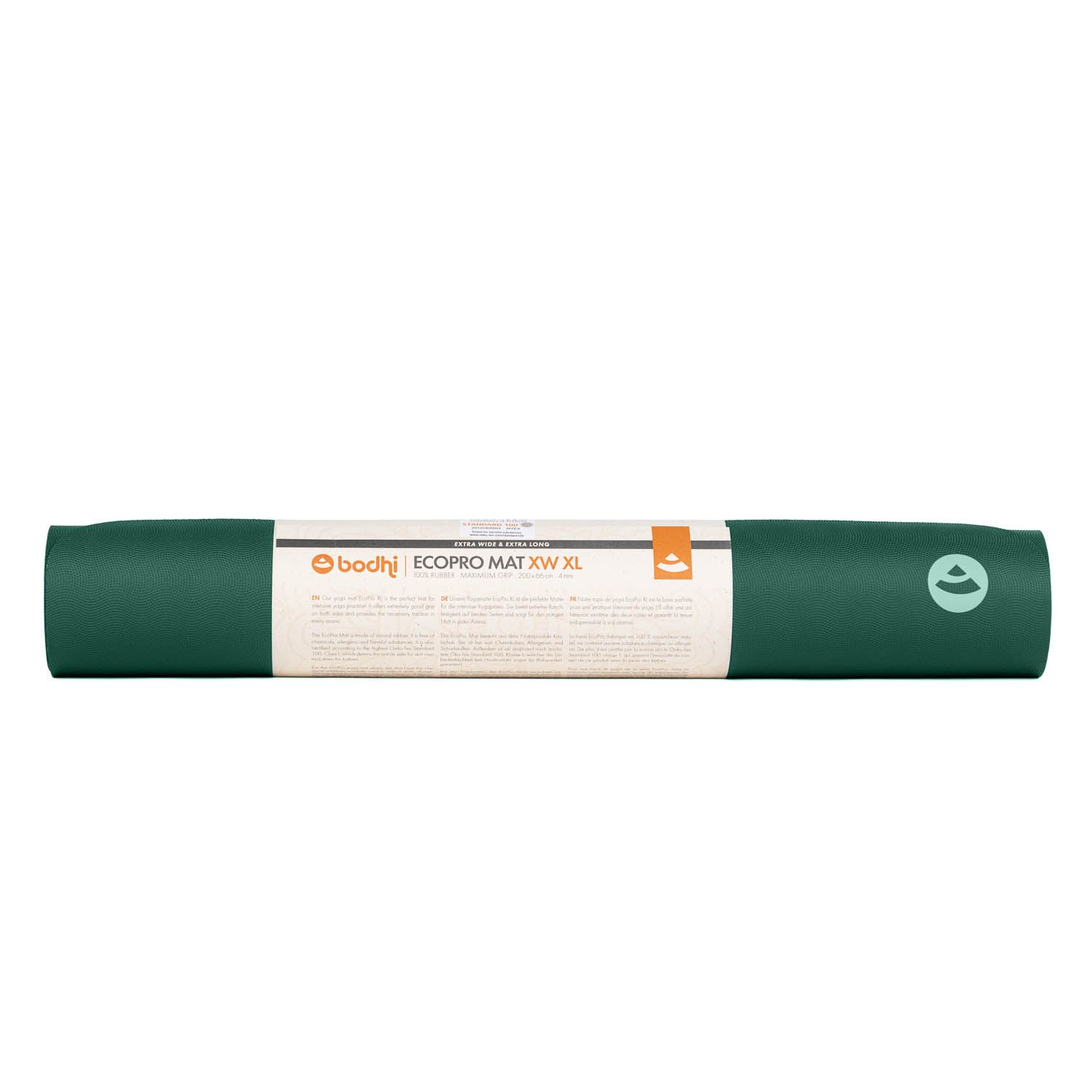 Opgerolde groene yogamat met papieren banderol. Tekst: ECOPRO MAT XW XL. Logo en productinformatie.