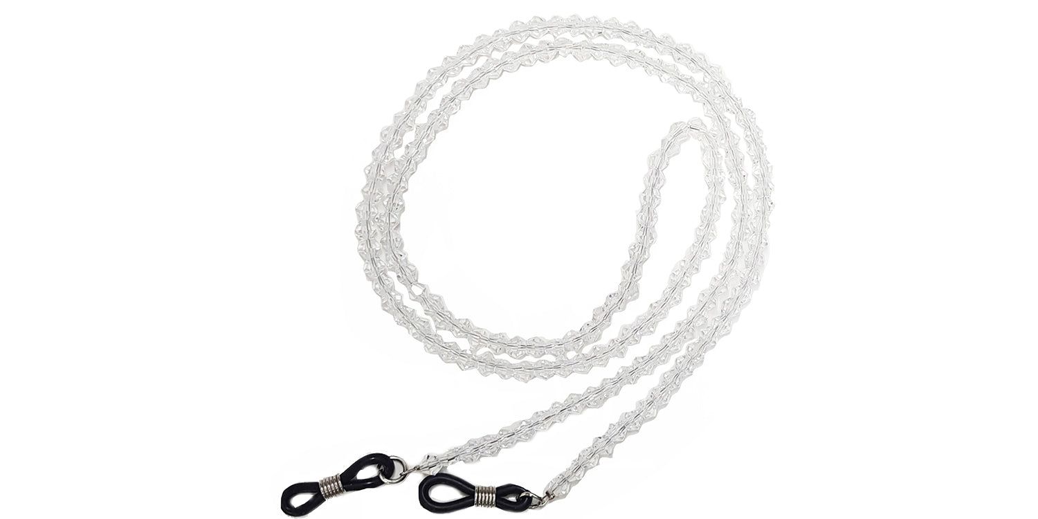 Brillenketting met transparante kralen. Einden met lussen voor bevestiging aan brillenpoten.