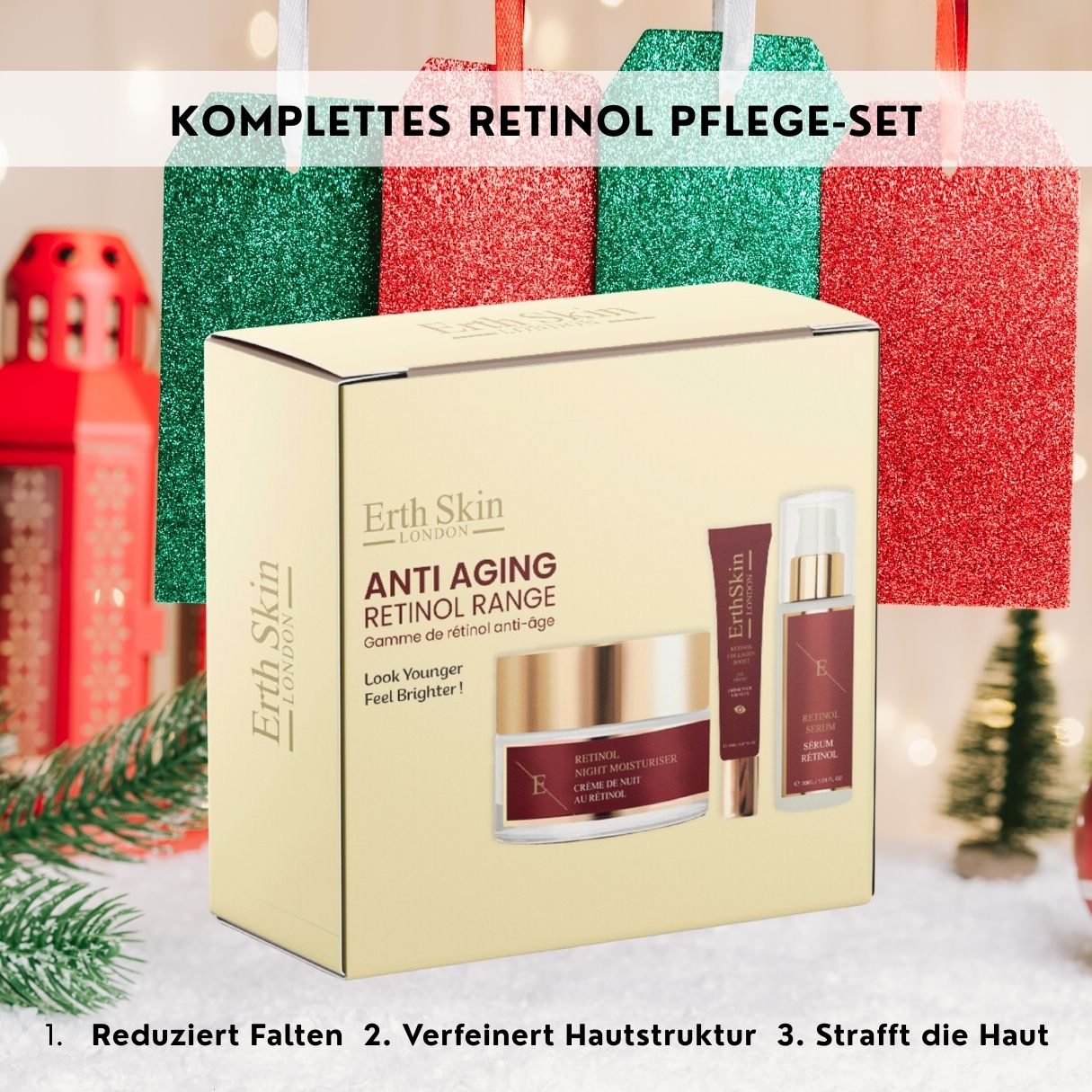 Boîte de kit anti-âge au rétinol ErthSkin London entourée de décorations de Noël.