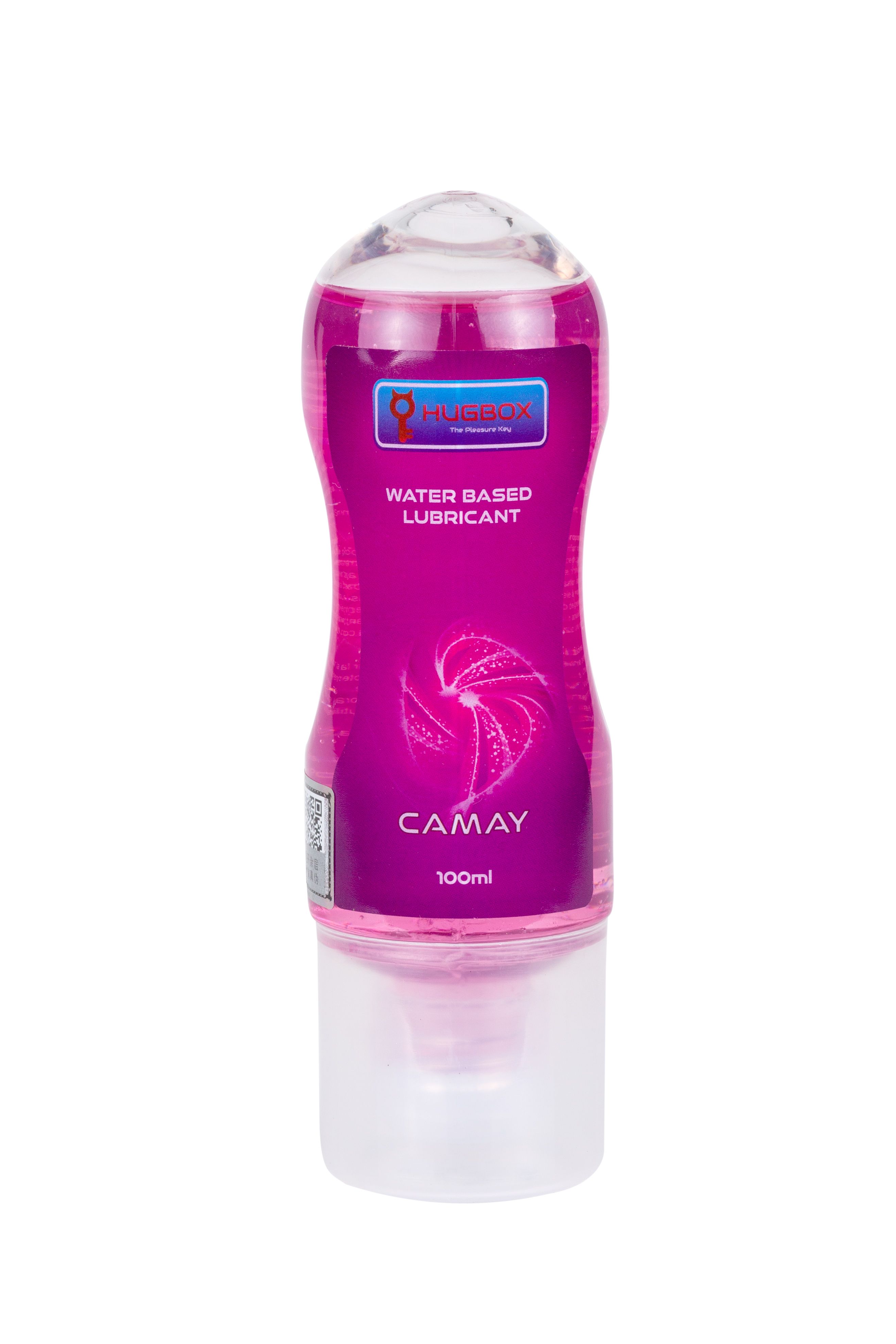 Fles met roze vloeistof. Opschrift CAMAY en WATER BASED LUBRICANT. Transparante doseerkop.