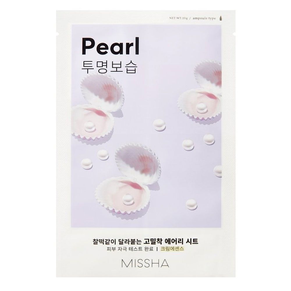 MISSHA Airy Fit Sheet Mask (Pearl) verpakking met schelpen en parels.