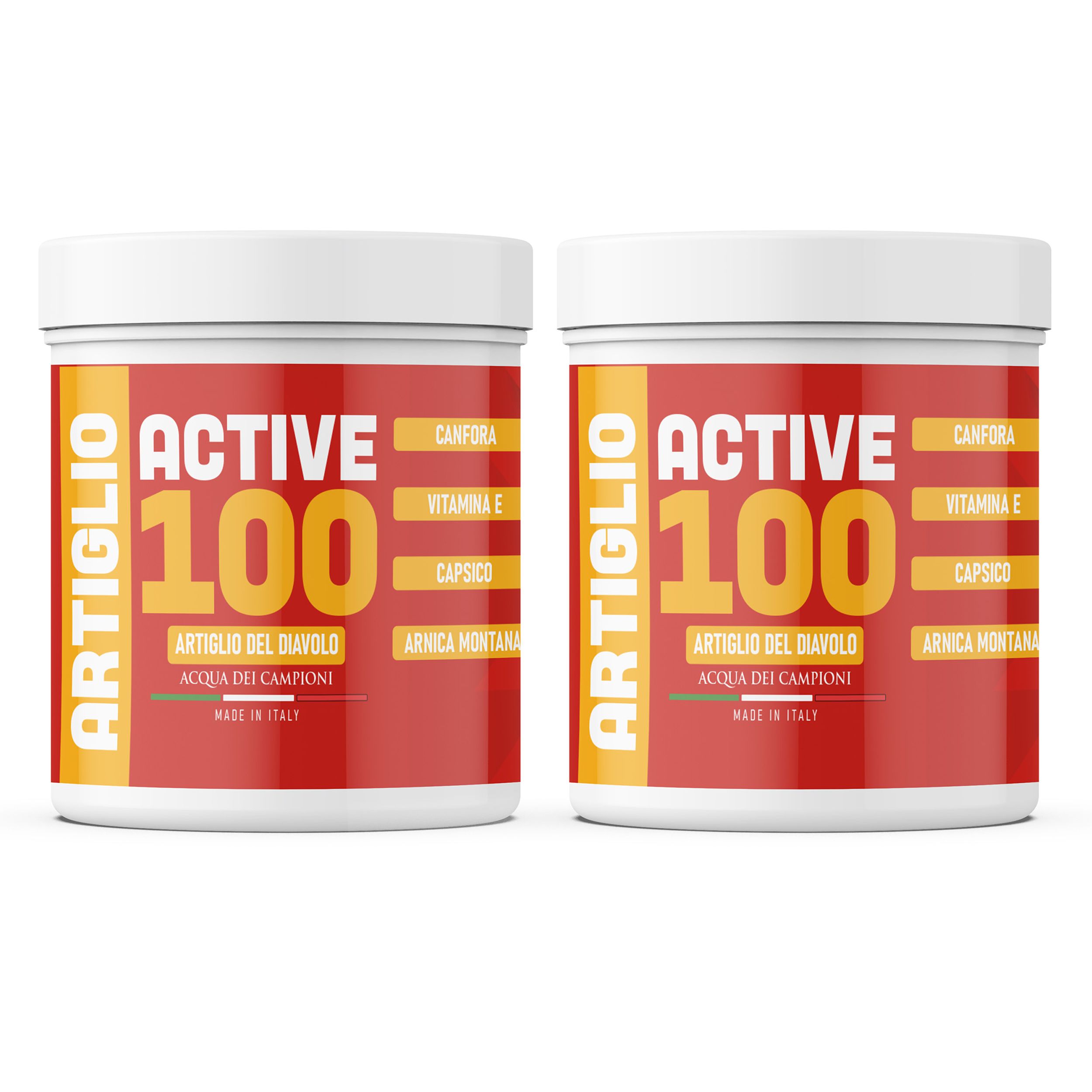 Twee witte potten met rode etiketten. Opschrift: ACTIVE 100, ARTIGLIO, ingrediënten. Gemaakt in Italië. Gele tekst op rode achtergrond.