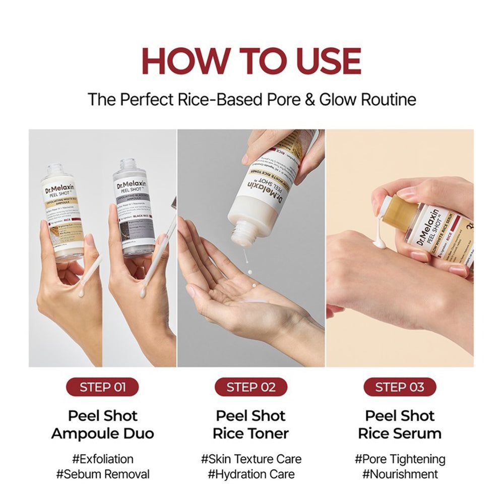 Gebruiksaanwijzing. 3 stappen: Peel Shot Ampul, Toner, Serum. Productnaam: Dr. Melaxin Peel Shot.