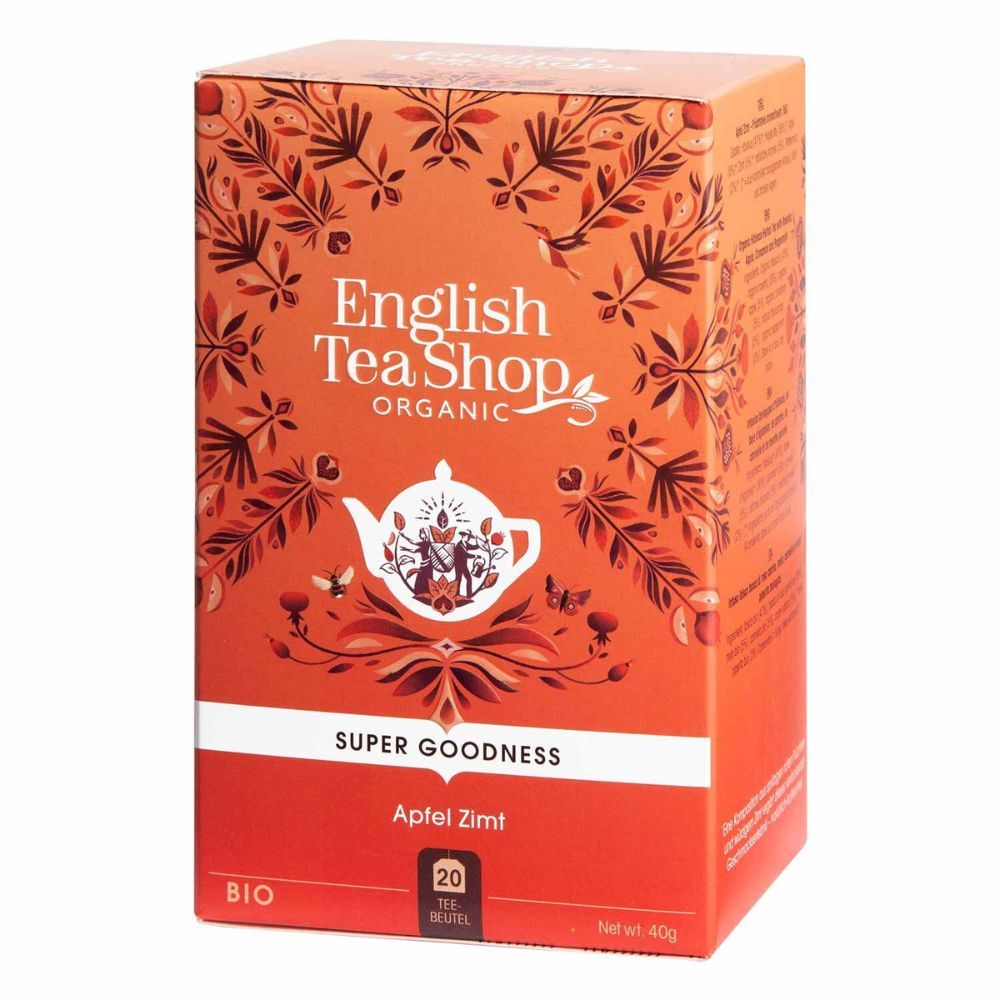 Kartonnen doos met tekst "English Tea Shop Organic" en "Apfel Zimt". 20 theezakjes. BIO-label.