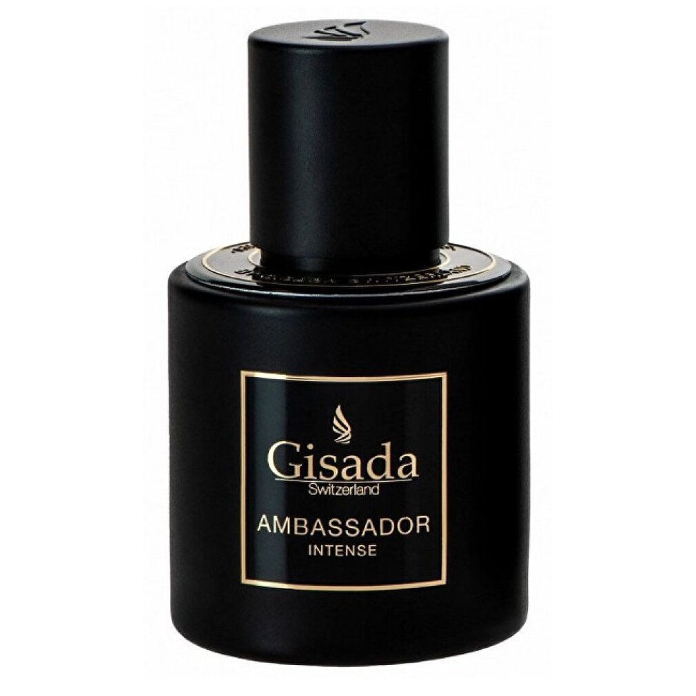 Zwarte fles met gouden tekst. Opschrift: Gisada Ambassador Intense. Zwarte dop. Rond.