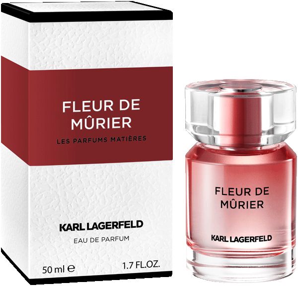 Flacon de Fleur De Mûrier. Bouchon transparent. Tête de pulvérisation rouge. Inscription Karl Lagerfeld.