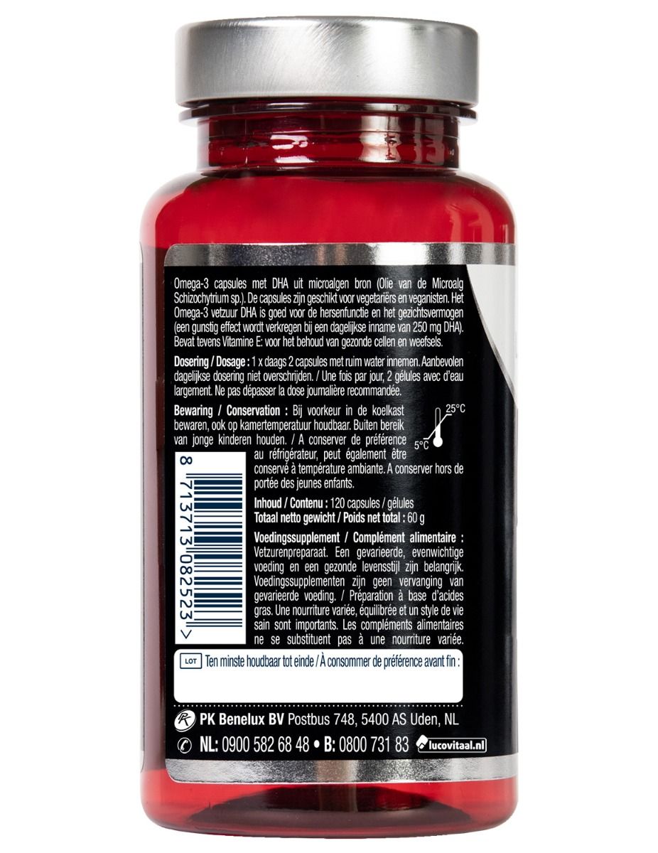 Achterkant Omega Vetzuren 3 fles. Bevat informatie over gebruik, ingrediënten en houdbaarheid. Barcode.
