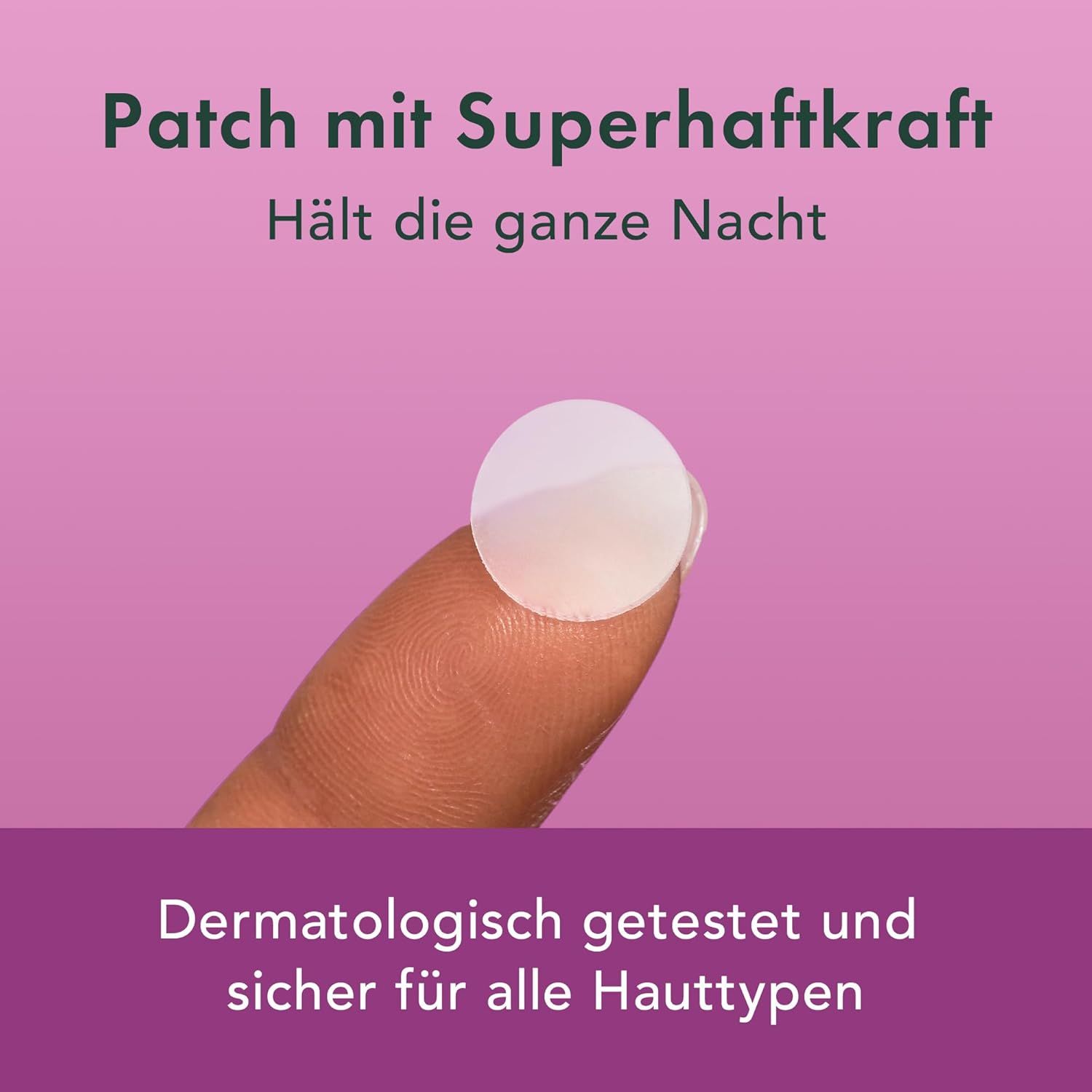 Een pleister op een vinger. Tekst: Dermatologisch getest en veilig voor alle huidtypes. Opschrift: Pleister met super hechtkracht.