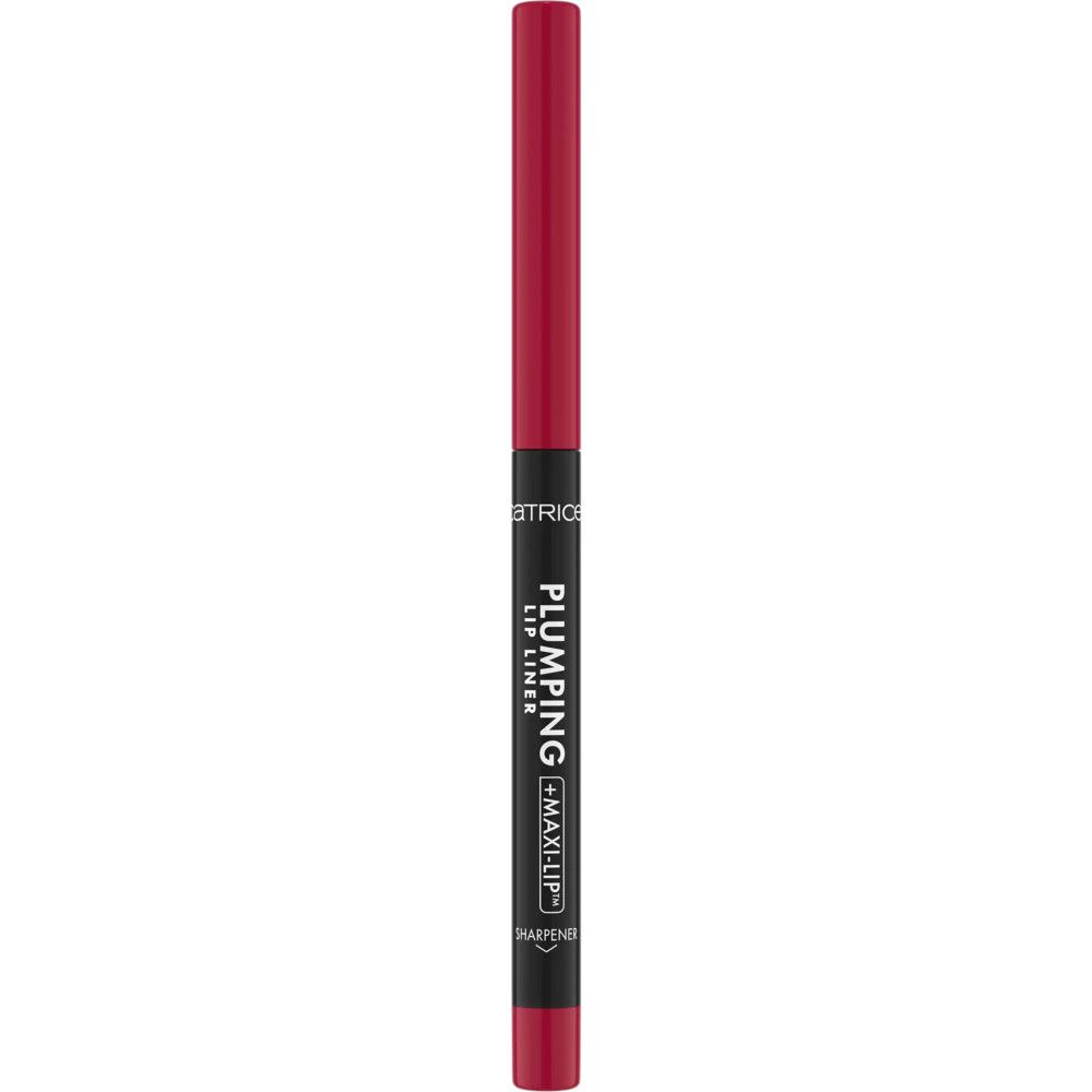 Rode lippenstift. Tekst "PLUMPING + MAXI-LIP" op de stift.