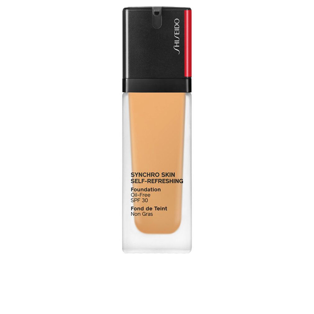 Vloeibare foundation in rechthoekige glazen fles met zwarte dop. Tekst: Synchro Skin Self-Refreshing, Foundation, Oil-Free, SPF 30, Fond de Teint Non Gras.