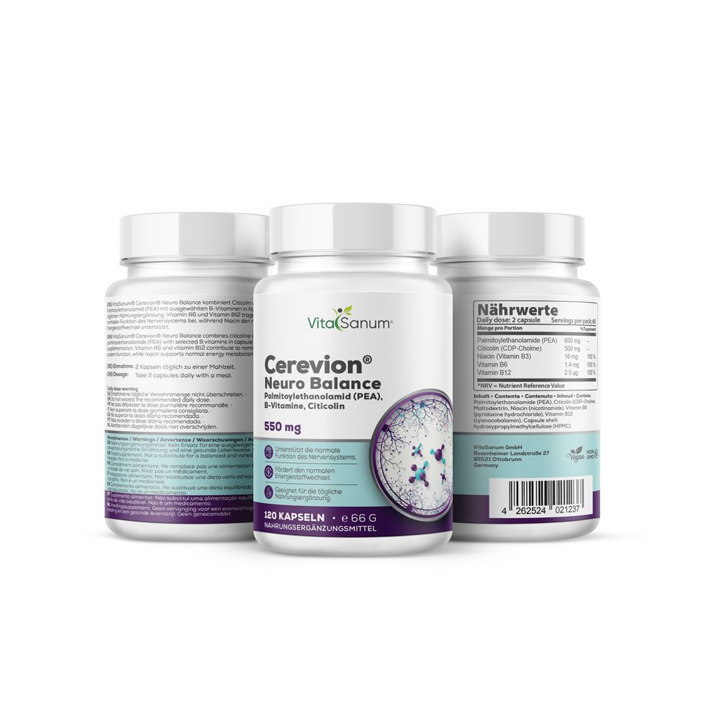 Trois bouteilles de complément alimentaire Cerevion Neuro Balance, 550 mg par capsule. Contenants blancs avec étiquettes bleues et violettes.