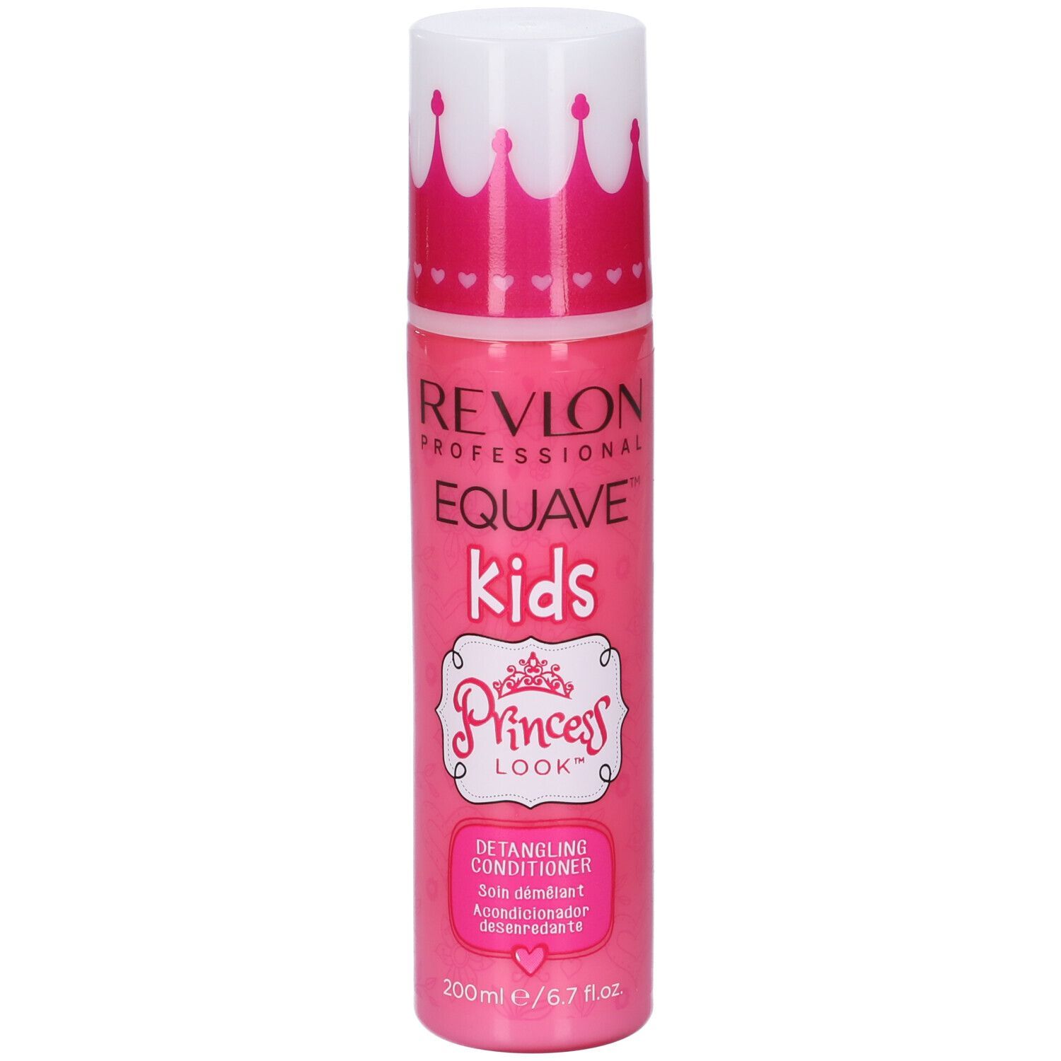 Flacon rose avec bouchon blanc. Inscription: Revlon Equave Kids Princess Look. Démêlant.