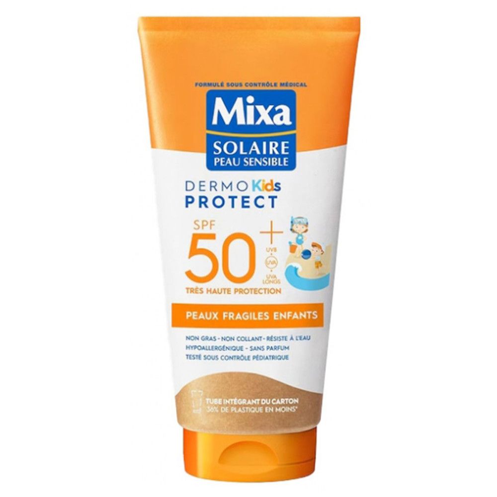 Tube de crème solaire pour enfants. Tube orange et blanc avec Mixa, Dermo Kids Protect SPF50+. Illustration d'un enfant dans l'eau.