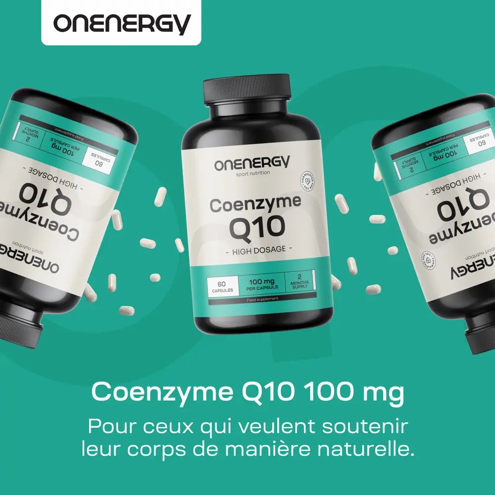 Trois flacons de gélules. Inscription : OnEnergy, Coenzyme Q10, 100 mg. 60 gélules. Texte : Pour le corps.
