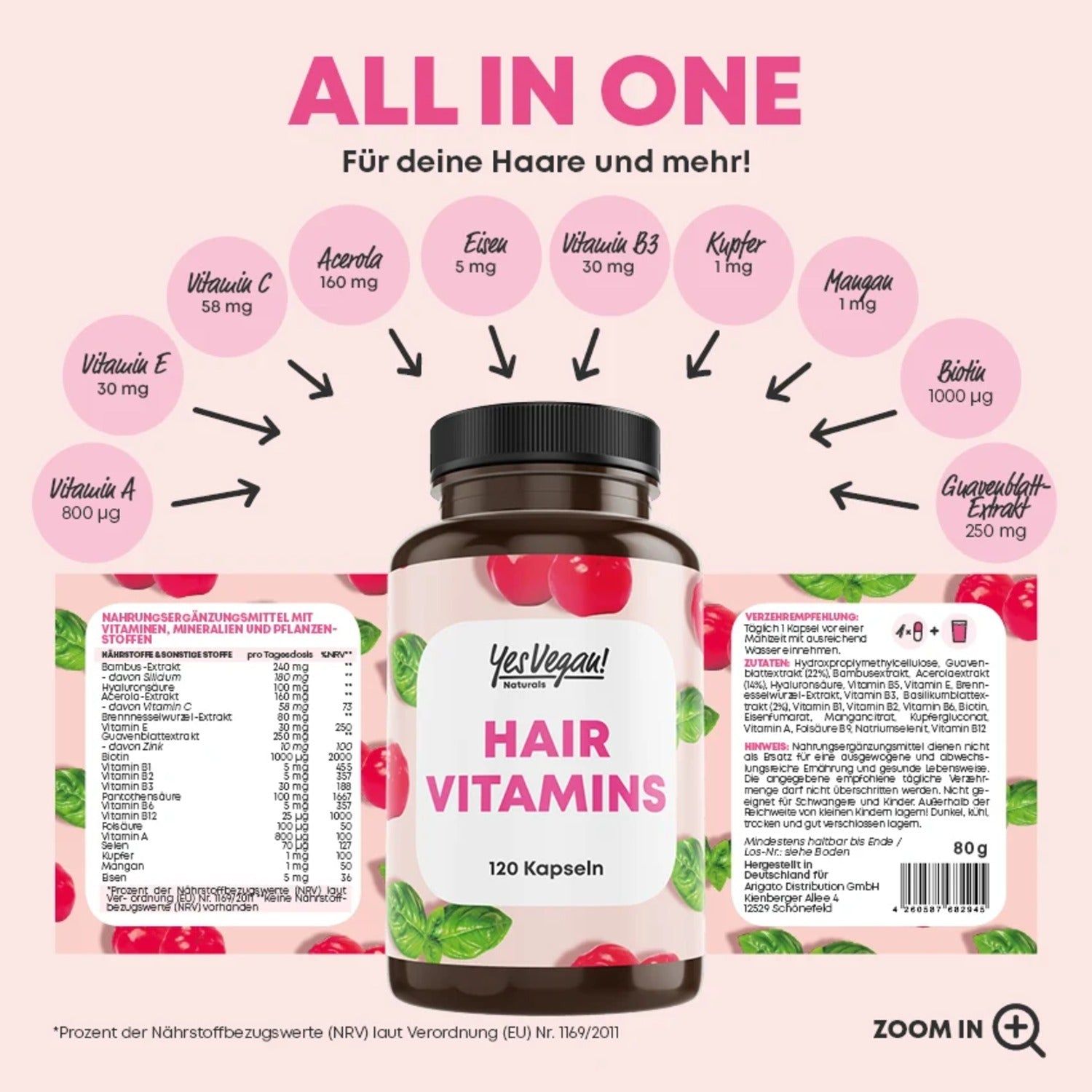 Fles 'Hair Vitamins' met overzicht van vitamines en mineralen, inclusief voedingsinformatie.