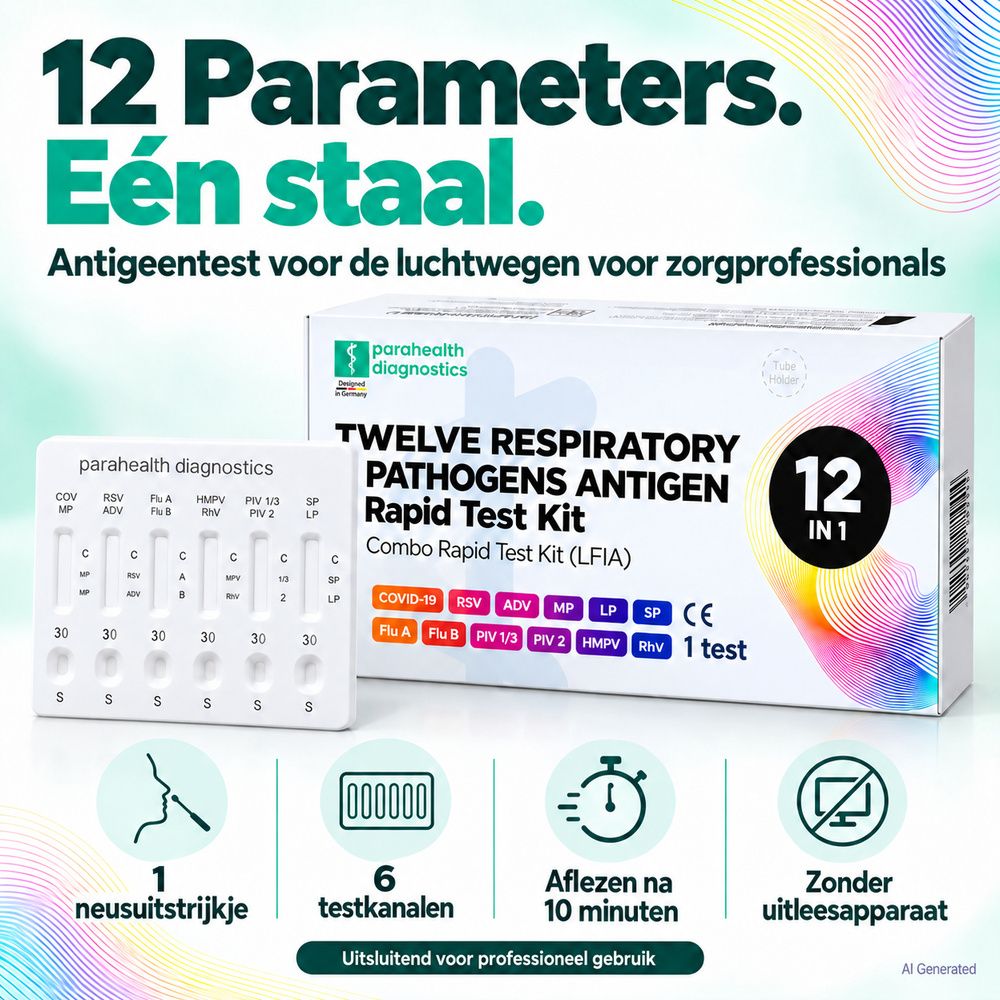 12 Parameters. Eén staal. Antigeentest voor de luchtwegen voor zorgprofessionals. Toont testcassette en verpakking.