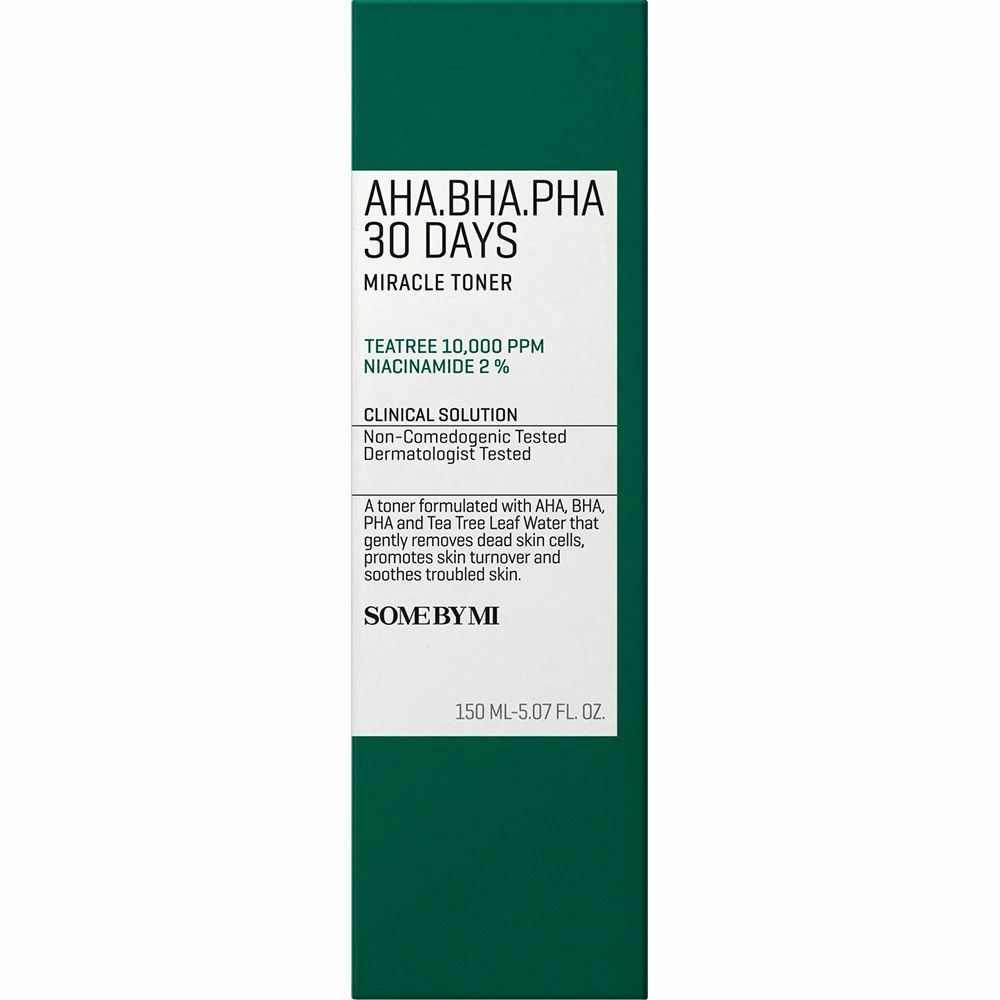 Groene doos. Opschrift: AHA-BHA-PHA 30 DAYS MIRACLE TONER. Tekst en logo.