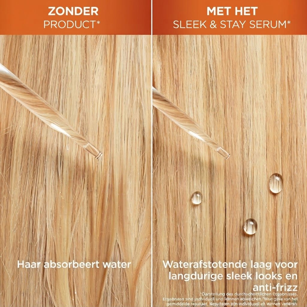 Close-up van serumdruppels die de waterafstotende technologie van Garnier Fructis Sleek & Stay tonen.