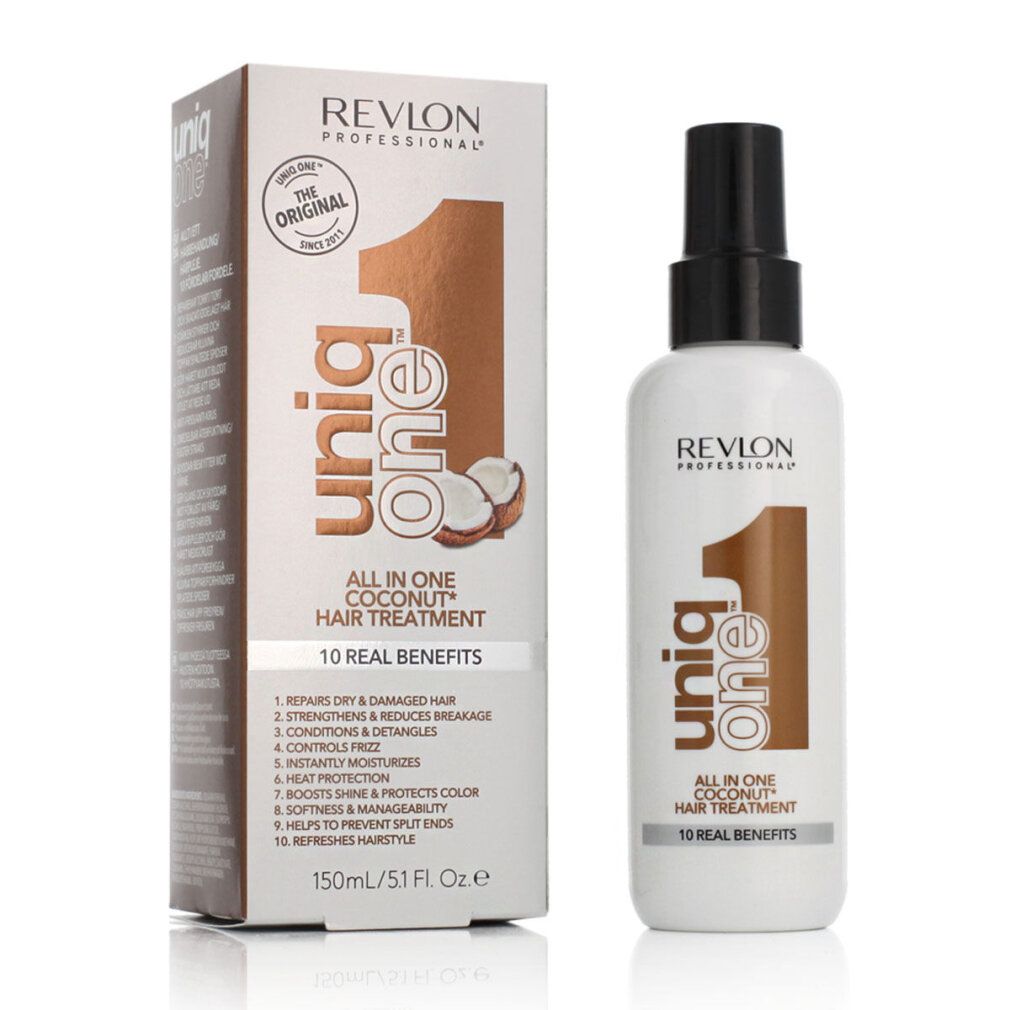 Emballage et flacon. Inscription : Uniq One, All in One Coconut Hair Treatment, 10 Real Benefits. Marque : Revlon.