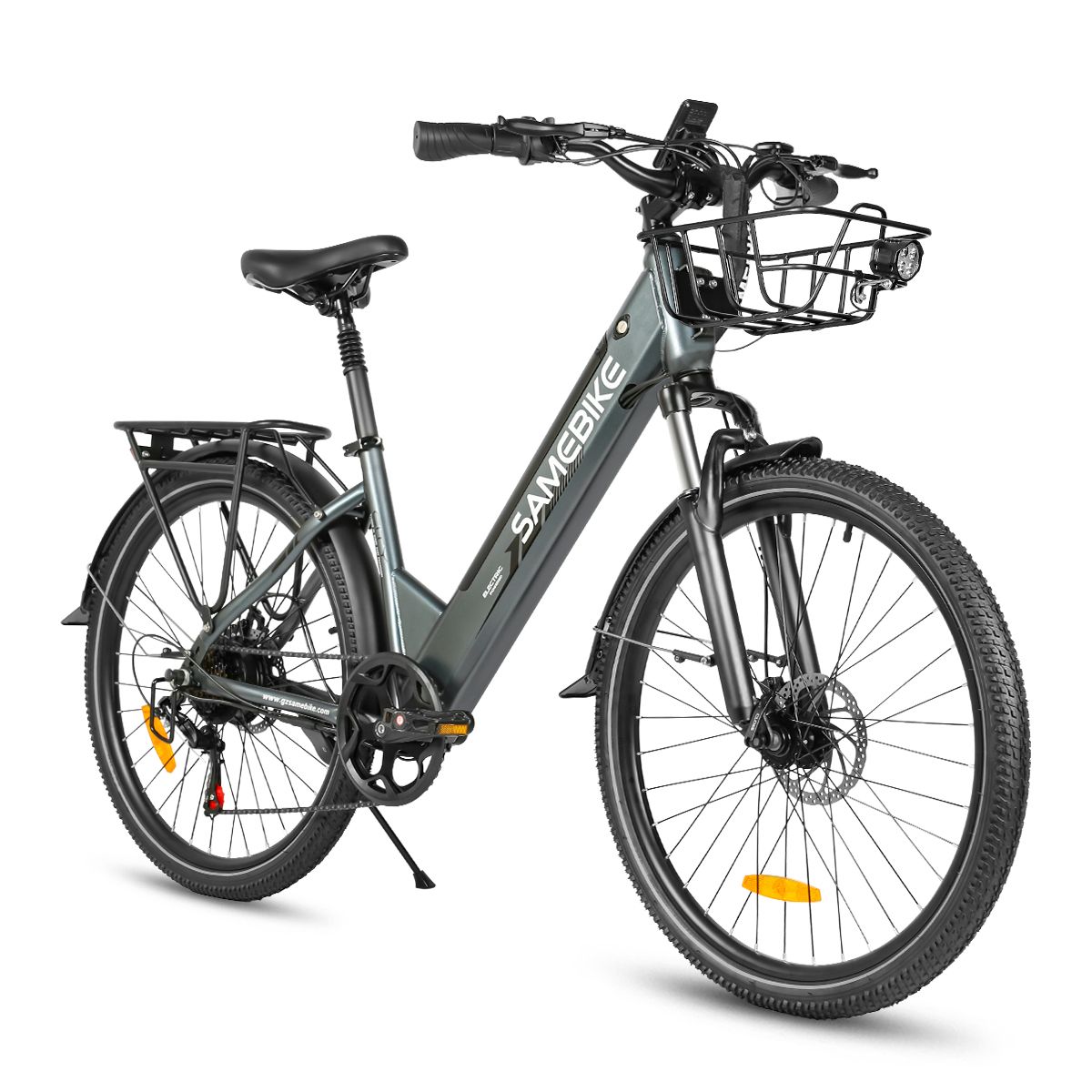 Vélo électrique SAMEBIKE RS-A01 Pro-T gris. Panier, porte-bagages, garde-boue. Pneus, selle, guidon noirs. Phare avant.