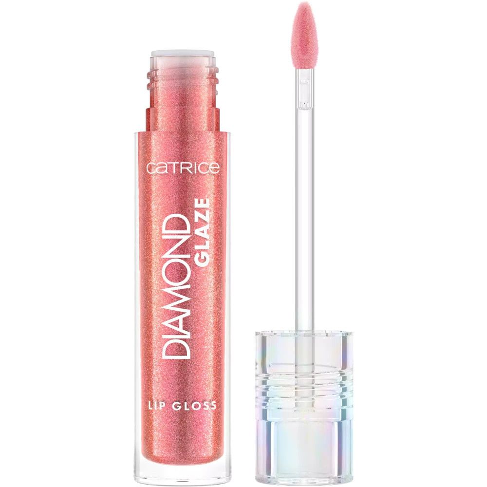 Catrice Diamond Glaze Lip Gloss met applicator. De lipgloss is roze en glanzend. Op de tube staat "DIAMOND GLAZE" en "LIP GLOSS".