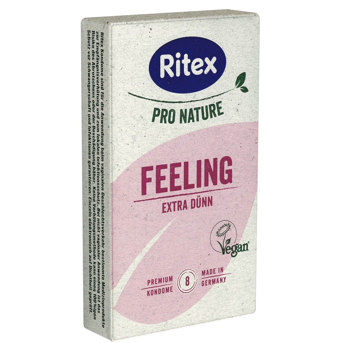 Verpakking van Ritex Pro Nature Feeling condooms. Roze tekst FEELING, EXTRA DÜNN. Vegan-keurmerk. 8 stuks. Gemaakt in Duitsland.