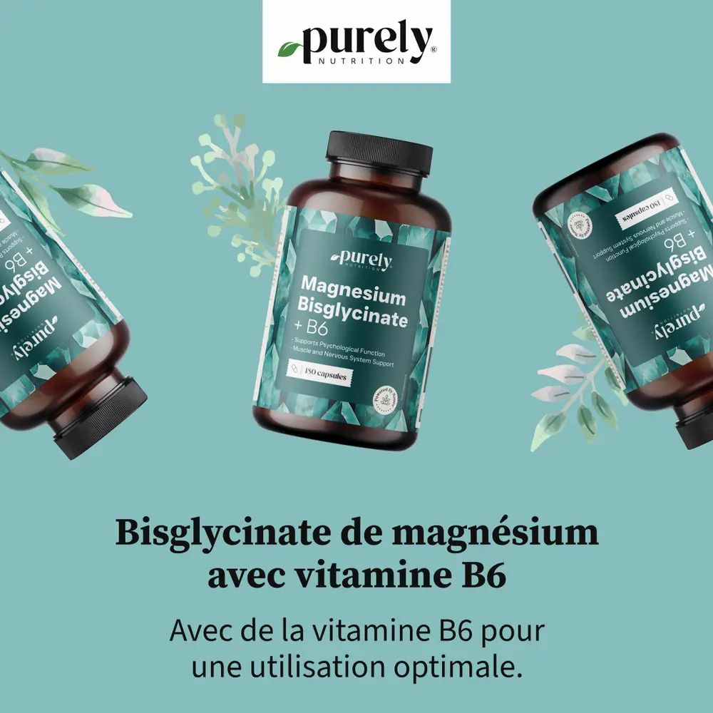 Trois flacons de Magnesium Bisglycinate + B6. Texte : Avec de la vitamine B6 pour une utilisation optimale.