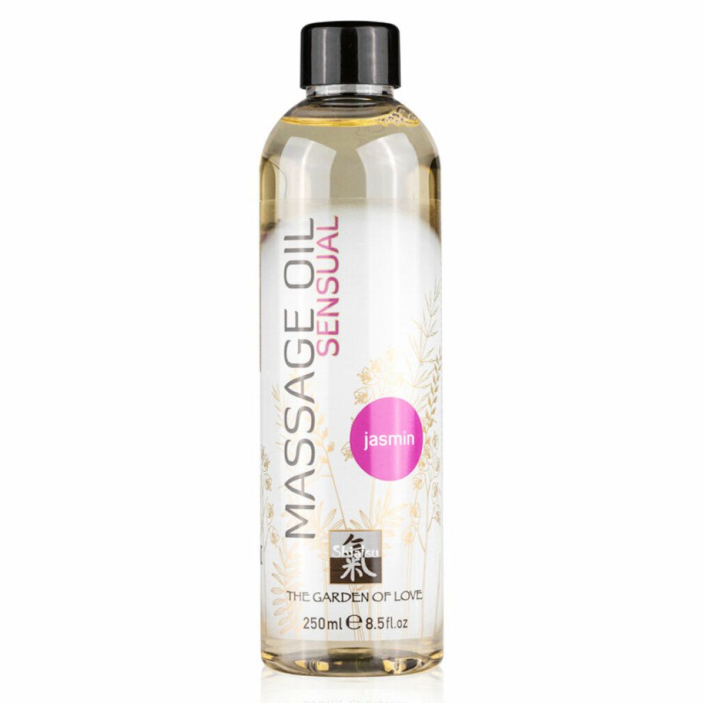 Flacon d'huile de massage avec bouchon noir. Inscription: Massage Oil Sensual Jasmin. 250ml/8.5 fl.oz. Design floral.