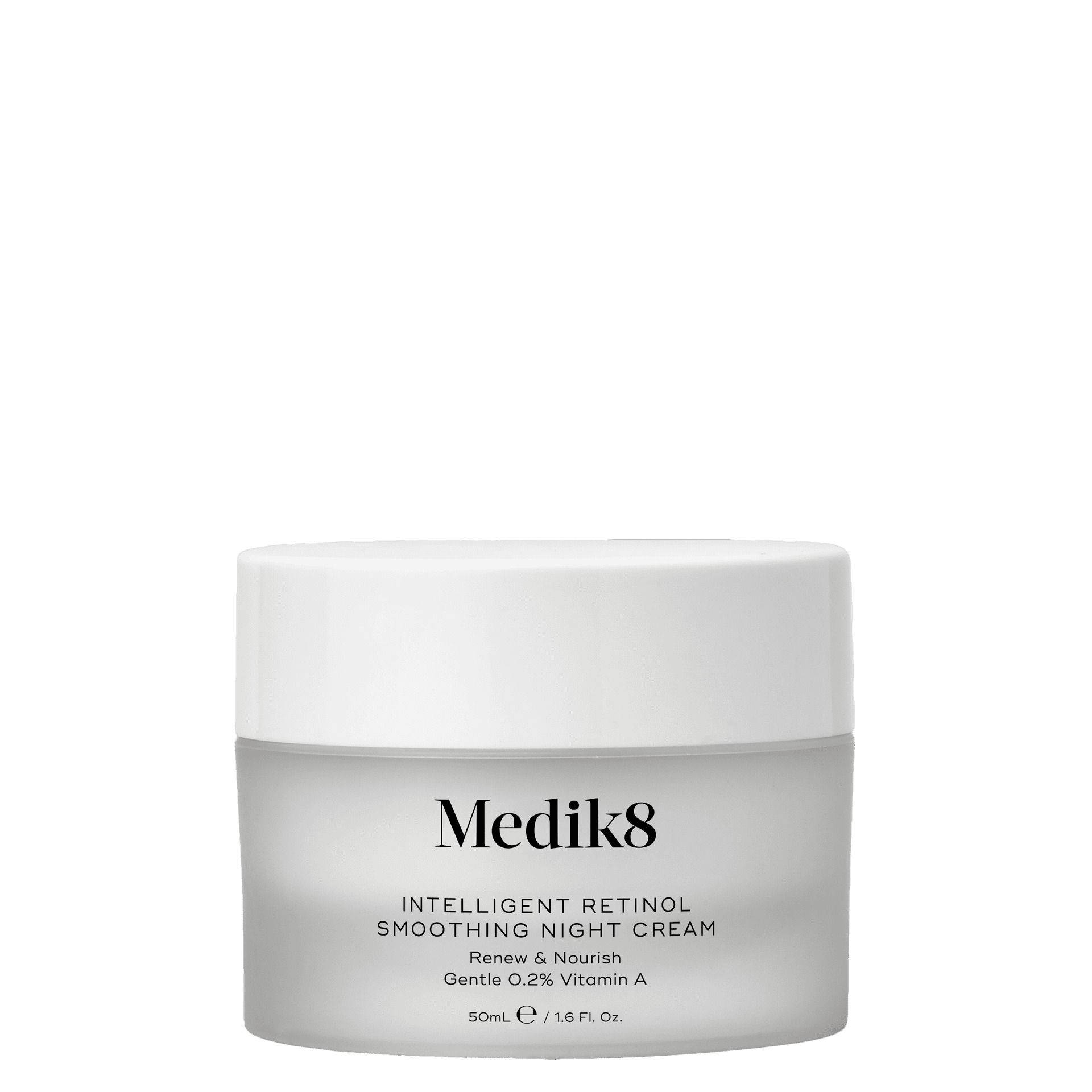 Pot de crème avec couvercle blanc. Le nom "Medik8" est visible.  "INTELLIGENT RETINOL SMOOTHING NIGHT CREAM" est également visible.