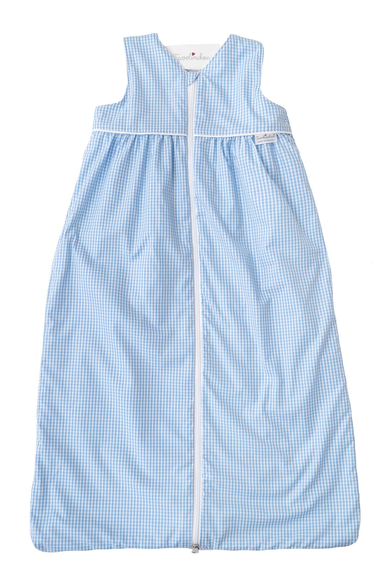 Blauw geruite slaapzak met rits. Witte zoom en logo. Katoenen stof.